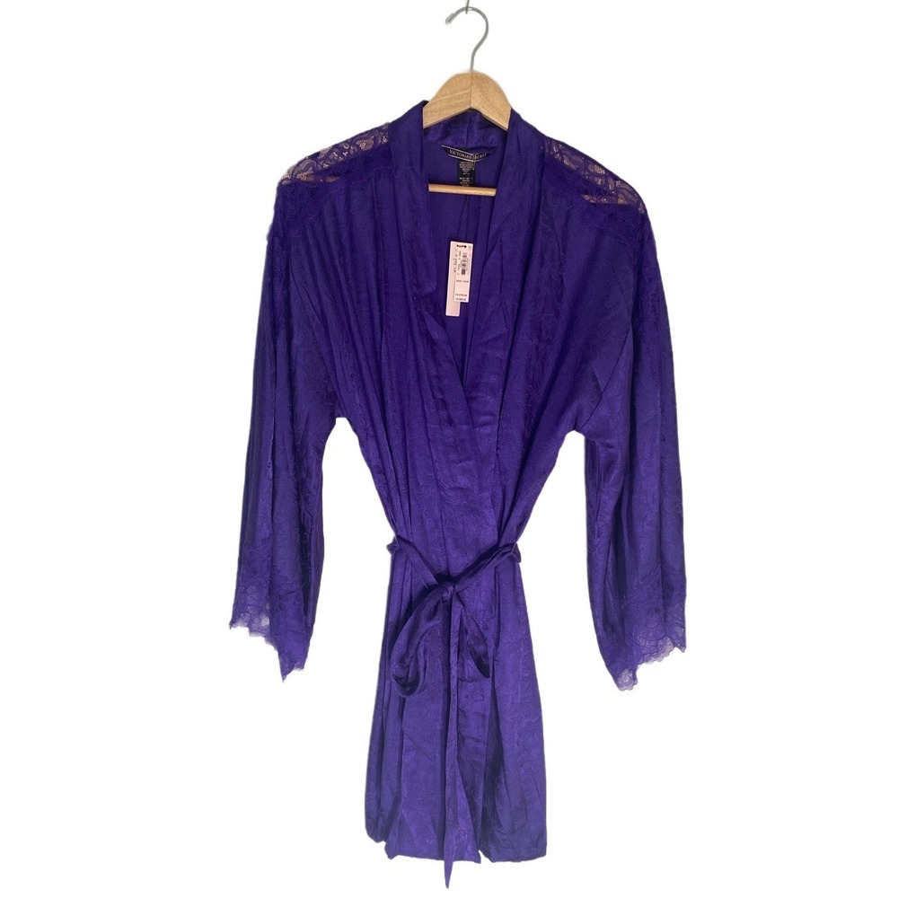 Victoria's Secret Satin Lace Trim Robe Purple Belted Kimono Sleepwear XS/S Silky